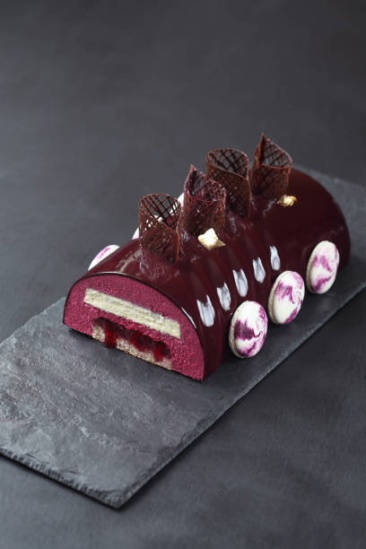 Contemporary Black Currant Chocolate Yule Log stock photo