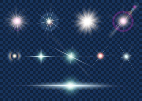 Set of light effect and star isolated on transparent background. Stock vector illustration.