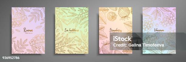 Gold Colorful Collection Of Cards Design With Berries Vintage Gold Frame With Berries Illustrations Rowan Sea Buckthorn Strawberry Viburnum Great Design For Natural And Organic Products Stock Illustration - Download Image Now