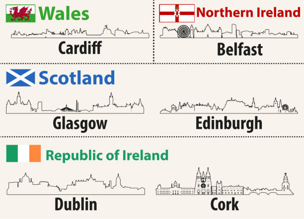 illustrations, cliparts, dessins animés et icônes de vecteur des contours abstraite des horizons de villes britanniques - cork