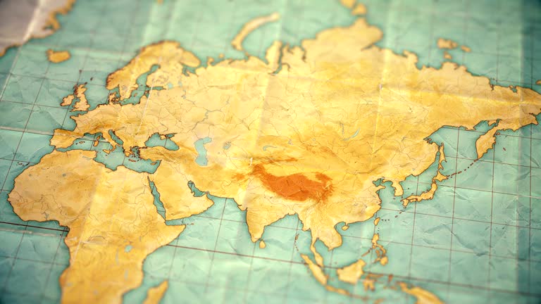 vintage sepia colored world map - zoom in to Asia - blank version