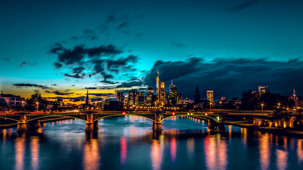 Frankfurt am Main skyline at night stock photo