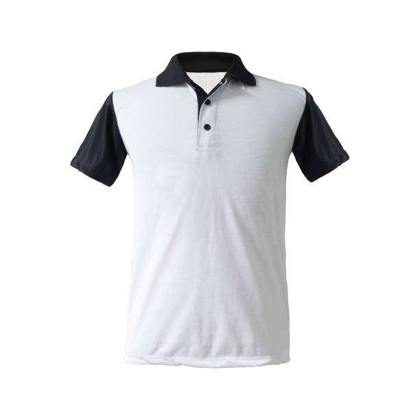 a twotone polo shirt black sleeve and collar on isolated background with clipping path. fashion apparel in blank tk textile for your design. - two tone imagens e fotografias de stock