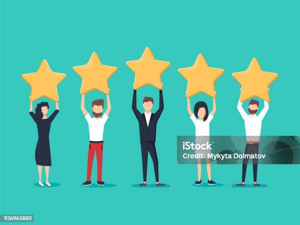 Five Stars Rating Flat Style Vector Concept People Are Holding Stars Over The Heads Feedback Consumer Stock Illustration - Download Image Now