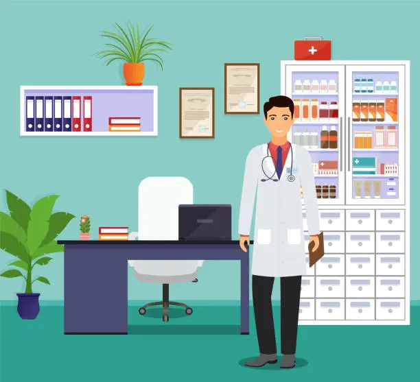 Vector illustration of Mann doctor in uniform standing near the desk in doctor's office. Medicine employee character waiting for patients.