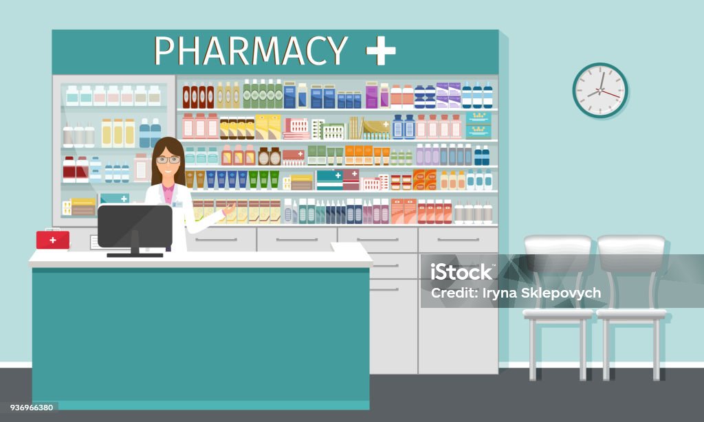 Pharmacy counter with pharmacist. Drugstore interior with showcases with medicines and apothecary female character. Pharmacy counter with pharmacist. Drugstore interior with showcases with medicines and apothecary female character in medicine clinic. Vector illustration. Pharmacy stock vector