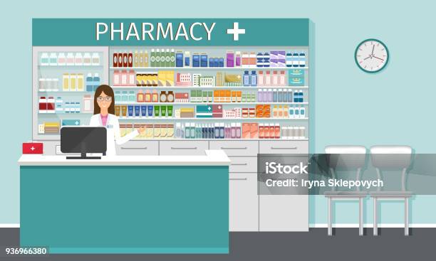 Pharmacy Counter With Pharmacist Drugstore Interior With Showcases With Medicines And Apothecary Female Character Stock Illustration - Download Image Now
