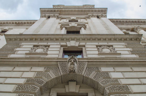 Exterior of HM Treasury building, UK governments economic and finance ministry- view looking up from entrance