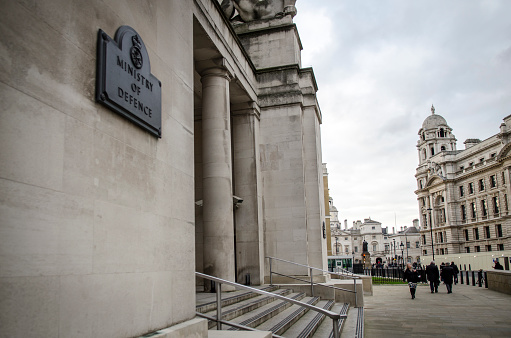 Exterior view and signage of UK Government building - HQ of the British Armed Forces