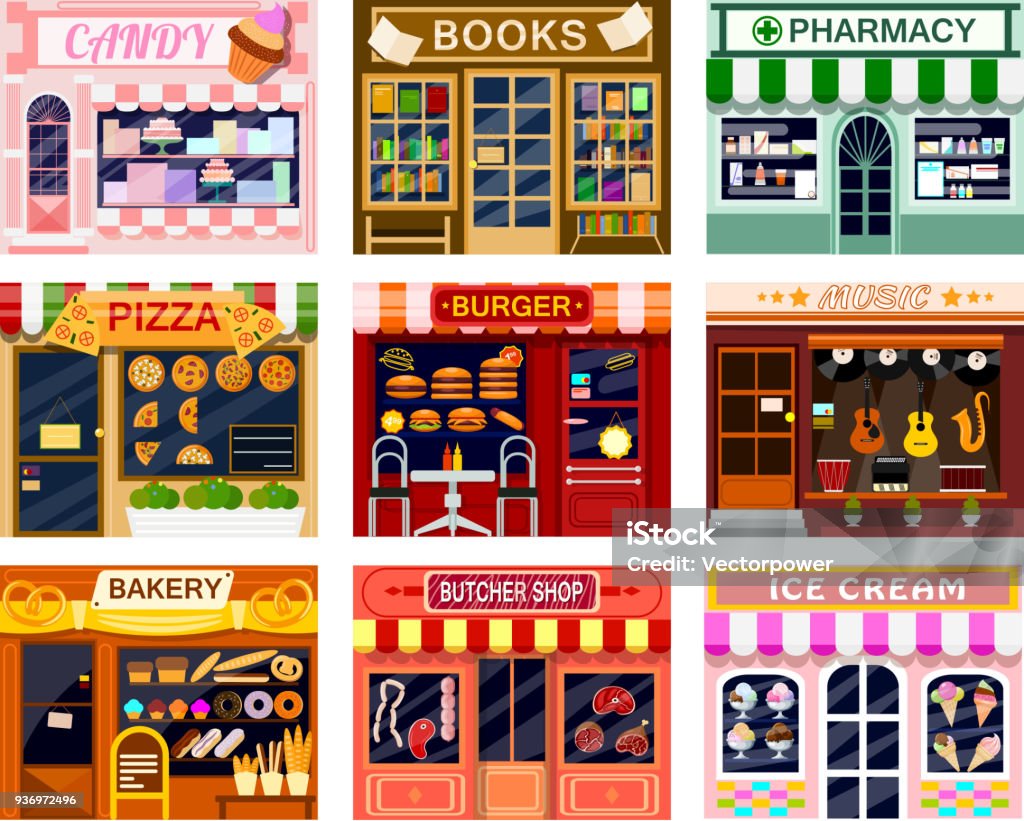 Shop window vector showwindow of book store or candyshop and window-case of pizzeria illustration set of butcher shop or bakery and burger or ice cream frontstore showcase isolated on white background Shop window vector showwindow of book store or candyshop and window-case of pizzeria illustration set of butchershop bakery and ice cream frontstore showcase isolated on white background. Store stock vector