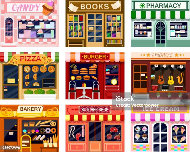 Shop Window Vector Showwindow Of Book Store Or Candyshop And Windowcase Of Pizzeria Illustration Set Of Butcher Shop Or Bakery And Burger Or Ice Cream Frontstore Showcase Isolated On White Background Stock Illustration - Download Image Now