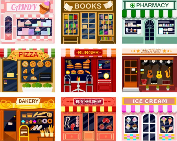Vector illustration of Shop window vector showwindow of book store or candyshop and window-case of pizzeria illustration set of butcher shop or bakery and burger or ice cream frontstore showcase isolated on white background
