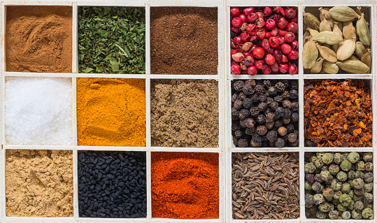Spice ingredients in a wooden tray.