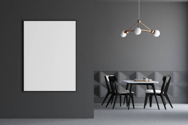 istock Dark gray dining room interior, poster on wall 936999322