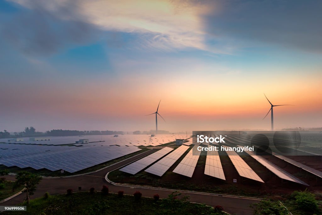 Before sunrise solar power plants Solar Energy Stock Photo