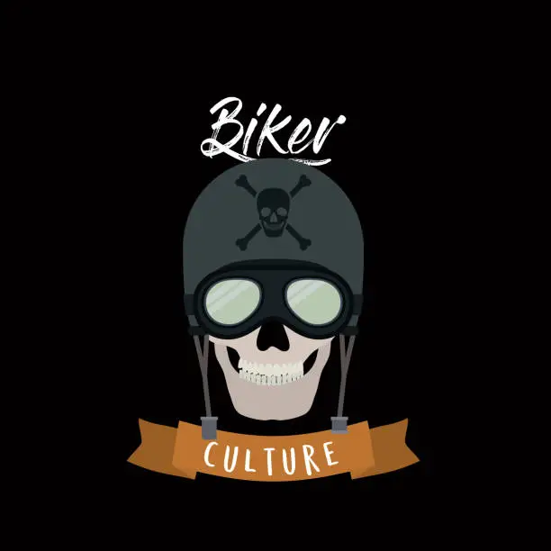 Vector illustration of biker culture poster with skull motorcyclist with glasses