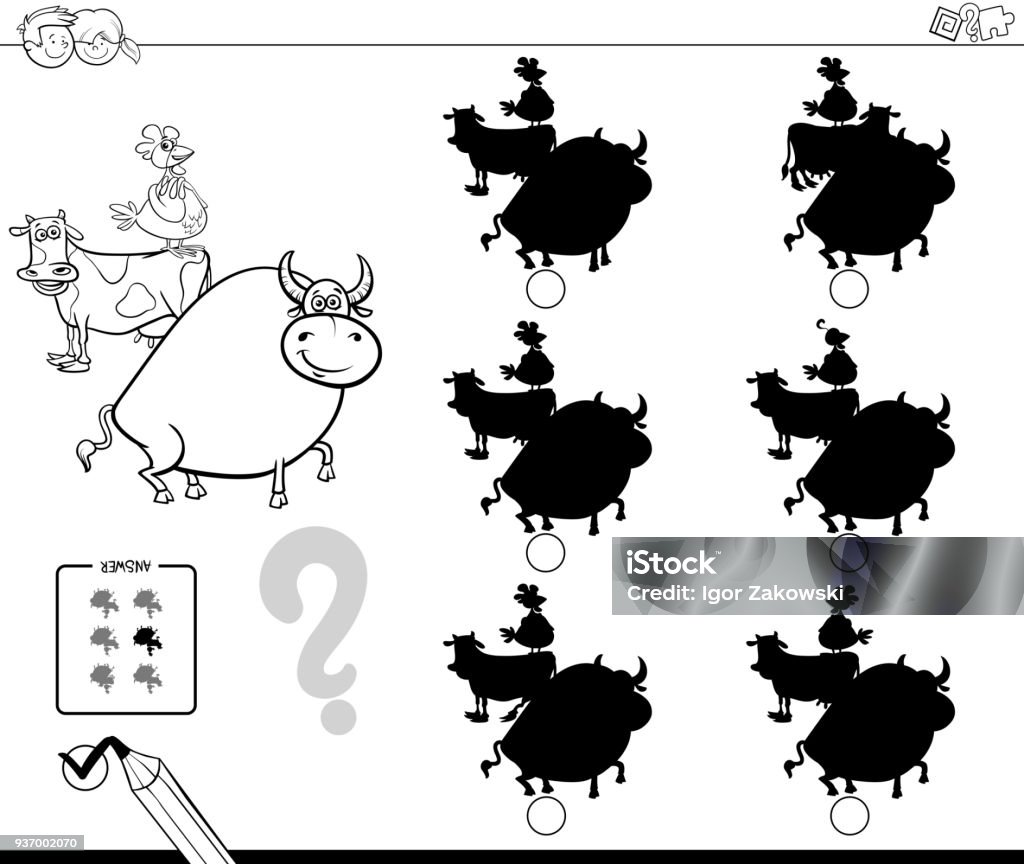 farm animals shadows game coloring book Black and White Cartoon Illustration of Finding the Shadow without Differences Educational Activity for Children with Farm Animal Characters Coloring Book Agriculture stock vector