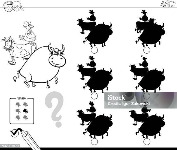 Farm Animals Shadows Game Coloring Book Stock Illustration - Download Image Now - Agriculture, Animal, Black And White