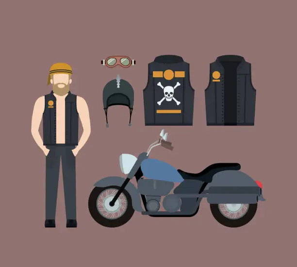 Vector illustration of blond motorcyclist and classic blue motorcycle with jacket and helmet in rosy brown background