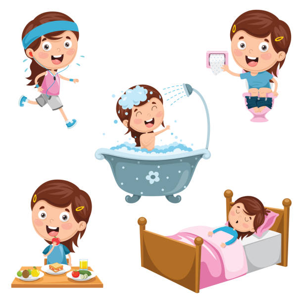 ilustraciones, imágenes clip art, dibujos animados e iconos de stock de vector ilustración de las actividades de rutina diaria los niños - little girls only