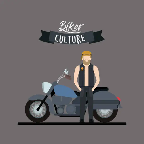 Vector illustration of biker culture poster with blond man and classic motorcycle with blue fuel tank and gray background