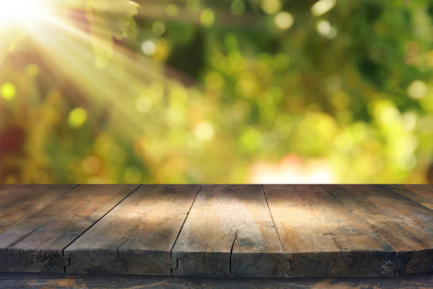 太陽の光でぼやけている畑の風景の前に木製のテーブルのイメージです。製品表示モンタージュの準備ができて。 - 地下貯蔵室 写真 ストックフォトと画像