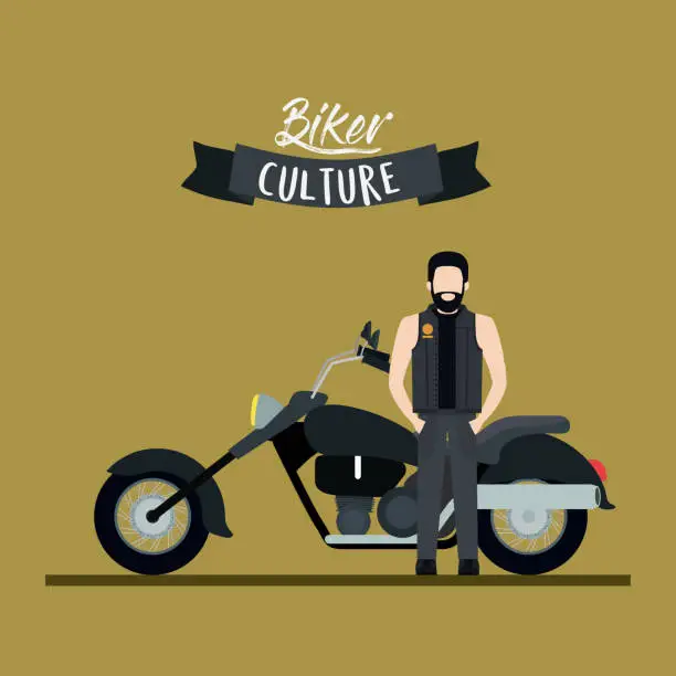 Vector illustration of biker culture poster with man and classic motorcycle with long telescopic fork and black fuel tank and olive color background