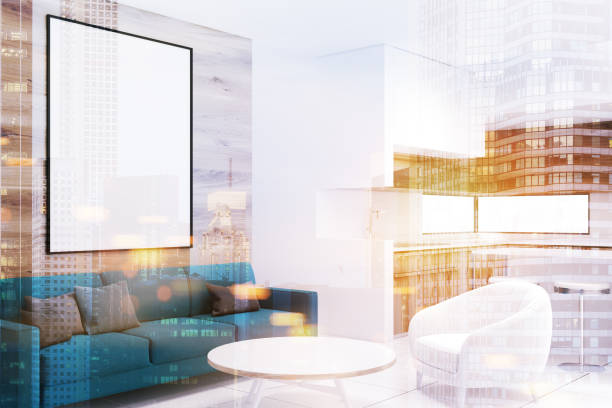 istock Wooden living room corner, blue sofa, poster double 937006244
