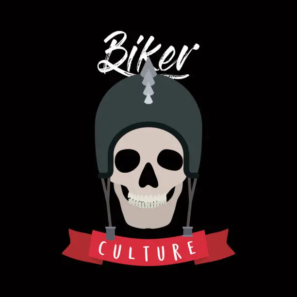 Vector illustration of biker culture poster with skull with helmet of motorcyclist in black background