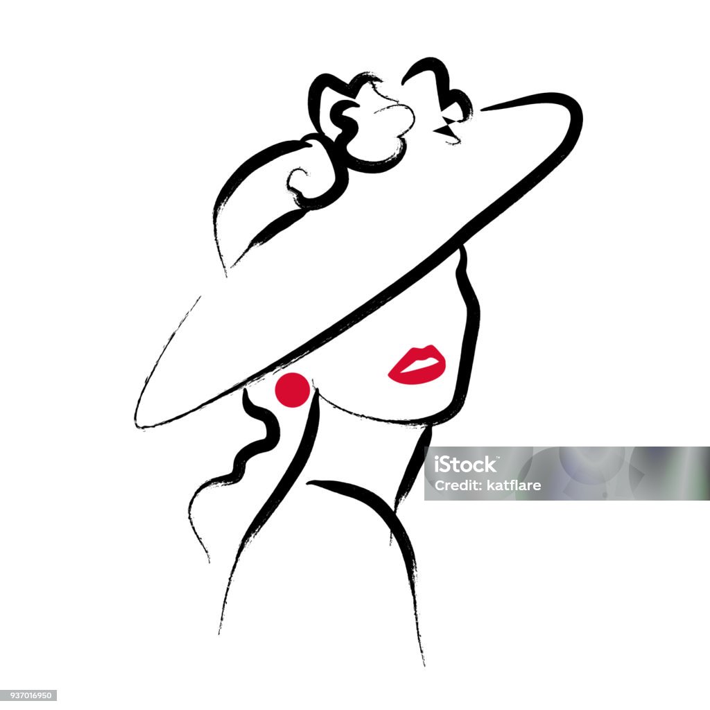 Vector artistic hand drawn stylish young lady portrait isolated on white background. Vector artistic hand drawn stylish young lady portrait isolated on white background. Fashion girl model icon. Woman in hat. Beauty illustration, icon design. Fashion poster, placard, banner. Women stock vector