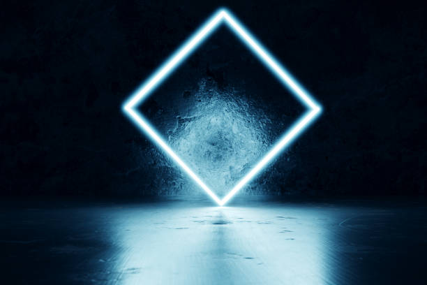 istock 3d rendering of blue lighten square in front of grunge wall background 937018218