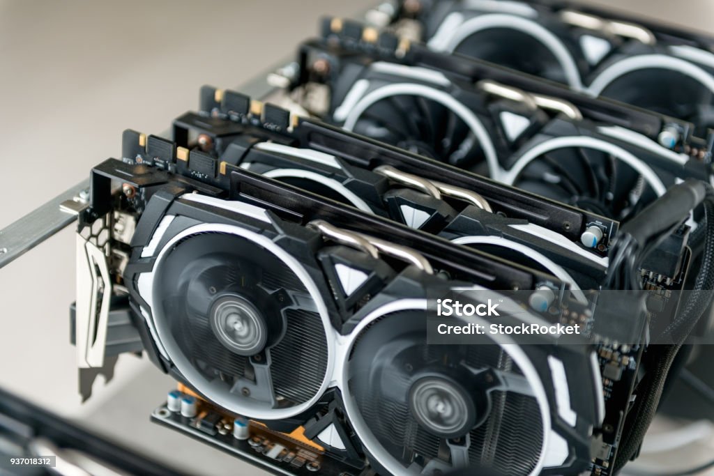 Crypto currency mining rig Bitcoin Stock Photo