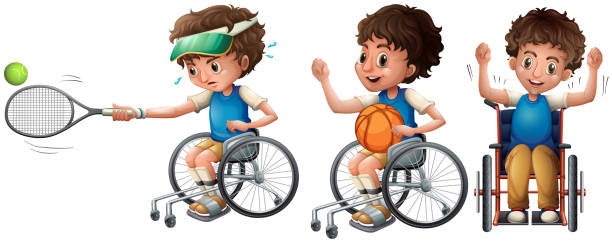 illustrazioni stock, clip art, cartoni animati e icone di tendenza di ragazzo in carrozzina che gioca a tennis e basket - child tennis white background sport