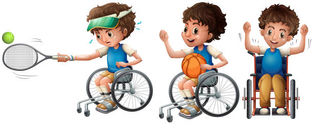 ilustrações de stock, clip art, desenhos animados e ícones de boy in wheelchair playing tennis and basketball - child tennis white background sport