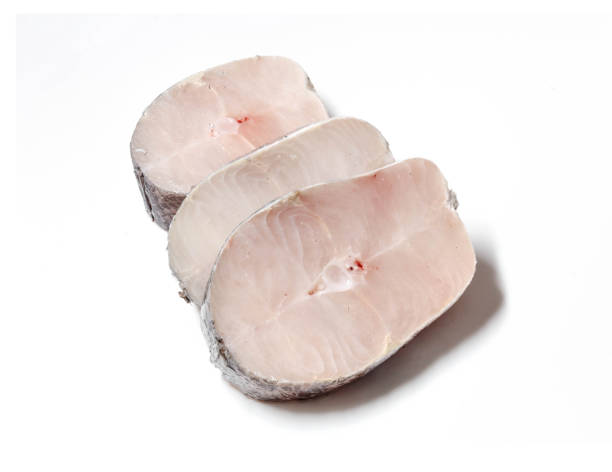 pieces of fresh raw hake fish isolated on white background. - swordfish imagens e fotografias de stock