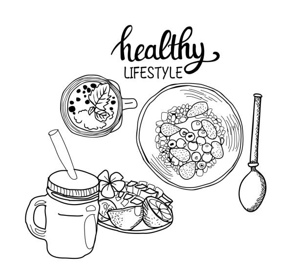 healthy breakfast Cereal granola Bowl, Spoon and fresh smoothie. vector art illustration