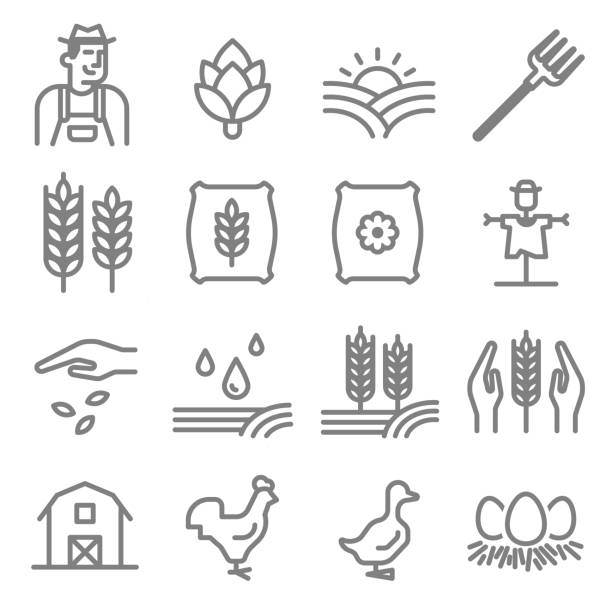 satz von landwirtschafts- und landwirtschaftsliniensymbolen - animals feeding stock-grafiken, -clipart, -cartoons und -symbole