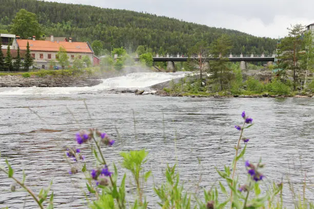 View on Kongsberg town with river and bridge