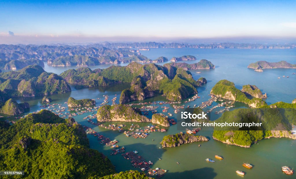 Cat Ba island from above. Lan Ha flies. Hai phong, Vietnam Cat Ba island from above. Lan Ha bay. Two Maples, Vietnam Bay of Water Stock Photo