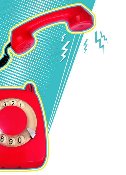Retro collage with red retro telephone on blue background for text