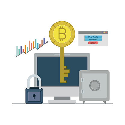 Bitcoin Login Example Bitcoin Key Login Closeup With Desktop Computer And Safe Stock ...
