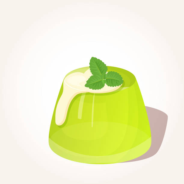 Colorful tasty green jelly with creme and mint in cartoon style isolated on white background. Vector illustration. Desserts Collection. Colorful tasty green jelly with creme and mint in cartoon style isolated on white background. Vector illustration for Desserts Collection. jello illustrations stock illustrations