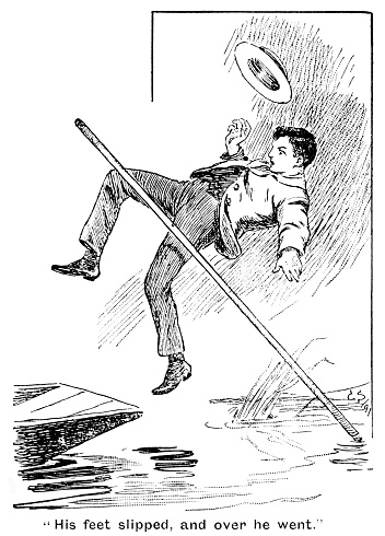 A surprised young Victorian man falling backwards from a punt into a river - his punt pole has become stuck in the mud and his feet slipped.
From “The Children’s Friend” Volume XXXVII for 1897. Published in London by S.W. Partridge & Co.