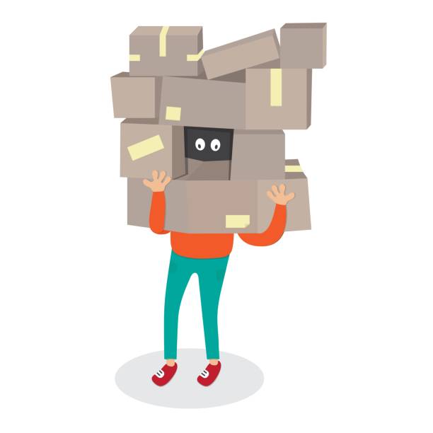 ilustraciones, imágenes clip art, dibujos animados e iconos de stock de entrega trabajador ocultar por caja. hombre de mensajero llevando cajas - e comerce