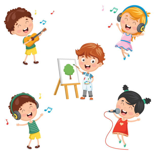 wektorowa ilustracja dzieci tworzących sztukę - childrens music stock illustrations
