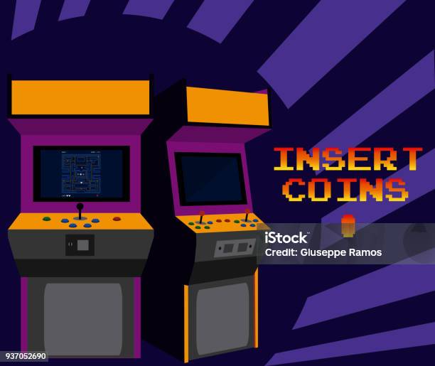Ilustración de Insertar Monedas Para Jugar Arcade y más Vectores Libres de Derechos de Arcada - Arcada, Moneda, 1980-1989