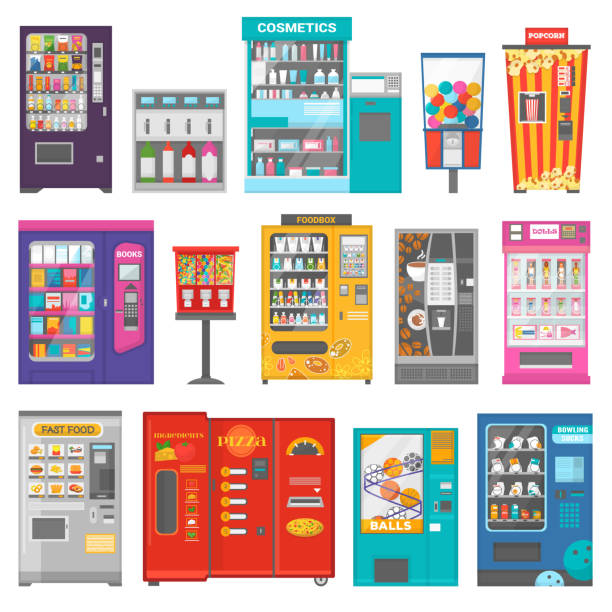 istock Vending machine vector vend food or beverages and vendor machinery technology to buy snack or drinks illustration set isolated on white background 937055898