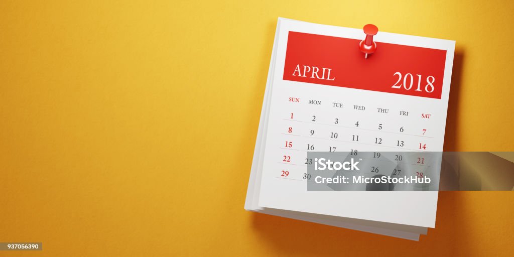 Post It April Calendar On Yellow Background Post it April calendar on yellow background. Panoramic composition with copy space. Calendar and reminder concept. 2018 Stock Photo