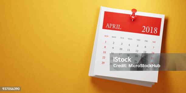 Post It April Calendar On Yellow Background Stock Photo - Download Image Now - 2018, Adhesive Note, Announcement Message