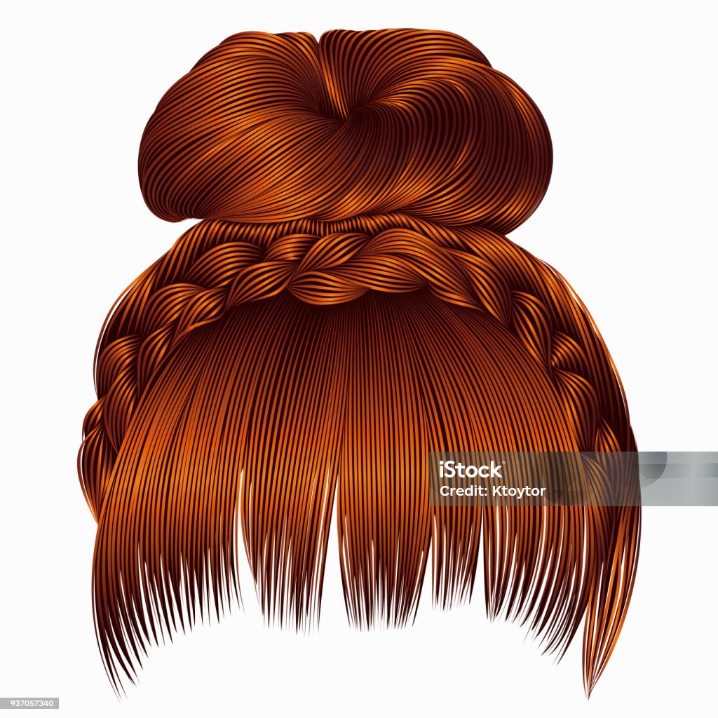 bun with plait and fringe. hairs Ginger colors . women fashion beauty style . bun with plait and fringe. 
hairs Ginger colors .
 women fashion beauty style . Wig stock vector